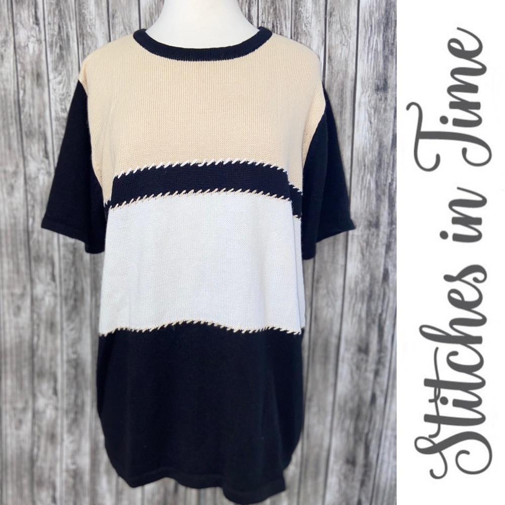NWOT STITCHES IN TIME Women Short Sleeve Knit Sweater Beige/White/Black Size 1X